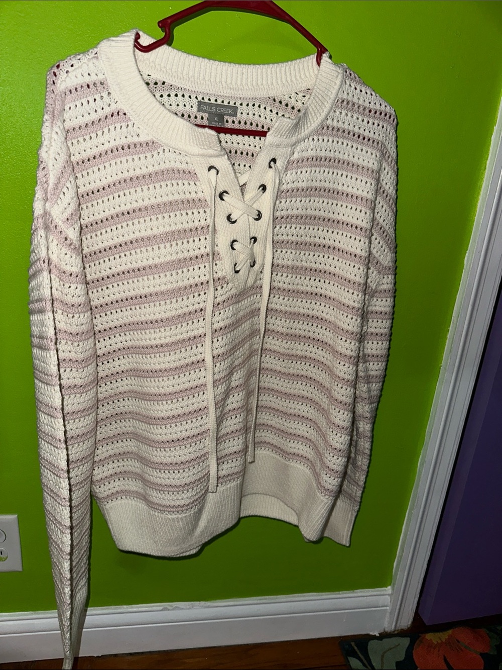Falls Creek Cream & Light Pink Lace-Up Open Knit Sweater